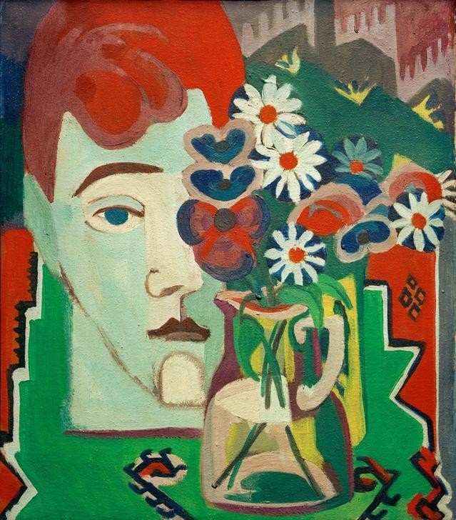 Ernst Ludwig Kirchner, Müllerkopf mit Blumen (Deutsche Kunst,Künstler,Kunst,Maler (Künstler),Mann,Stillleben,Portrait,Expressionismus,Blumenstrauss,Die Brücke,Kopf,Blume,Skulptur Im Bild,Krug)