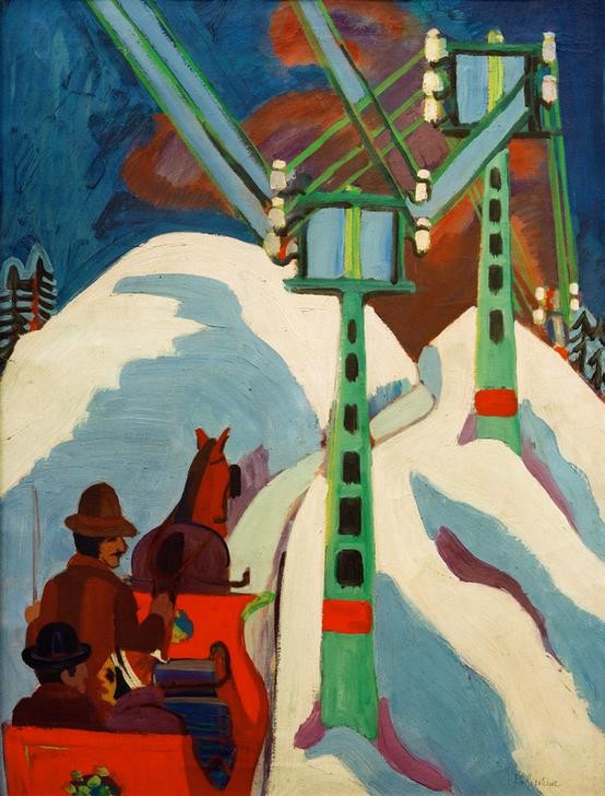 Ernst Ludwig Kirchner, Schlittenfahrt (Deutsche Kunst,Pferdeschlitten,Pferd (Tier),Verkehr,Winter,Schnee,Expressionismus,Die Brücke,Spazierfahrt,Zugtier,Strommast)