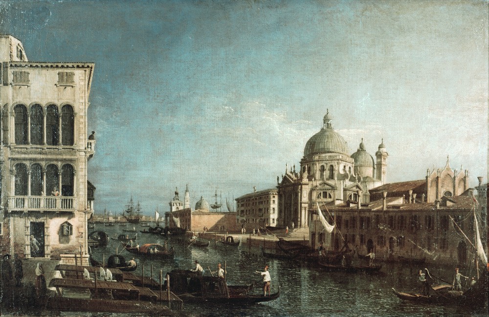 Bernardo Bellotto, Canal Grande mit Kirche Santa Maria della Salute vom Campo di Santa Maria del Giglio (Venedig, Städte, Architektur,  Canale Grande, Vedute, Stadtansicht, Kanal, Paläste, Kirche, Zollpunkt, Boote, Gondeln, historisch, Rokoko, Malerei, Wohnzimmer, Wunschgröße, Klassiker, bunt)