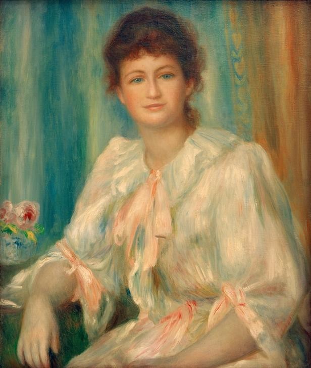 Pierre-Auguste Renoir, Porträt einer jungen Frau in Weiß (Frau,Maler (Künstler),Mensch,Impressionismus,Portrait,Französische Kunst,Kleid,Schleife,Sitzen,Jahrhundertwende,Junge Frau,Rosa (Farbe))