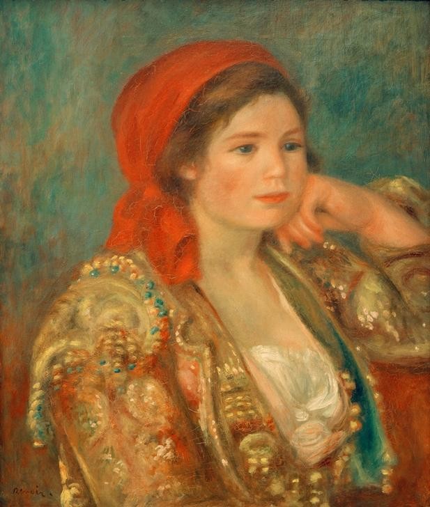 Pierre-Auguste Renoir, Mädchen mit spanischer Jacke (Frau,Mädchen,Maler (Künstler),Mensch,Tracht,Volkskunde,Impressionismus,Portrait,Französische Kunst,Jahrhundertwende,Junge Frau,Kopftuch)