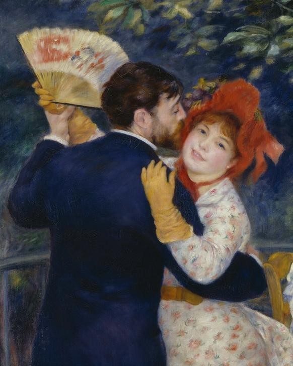Pierre-Auguste Renoir, Danse à la campagne (Damenmode,Fächer,Gartenwirtschaft,Gastronomie,Gesellschaftstanz,Handschuh,Herrenmode,Jugend (Lebensalter),Kunst,Liebespaar,Maler (Künstler),Mode,Musik,Freizeit,Tanz,Impressionismus,Tanzlokal,Geliebte,Anzug,Künstlerfrau,Französische Kunst,Lächeln,Kleid,Paa)