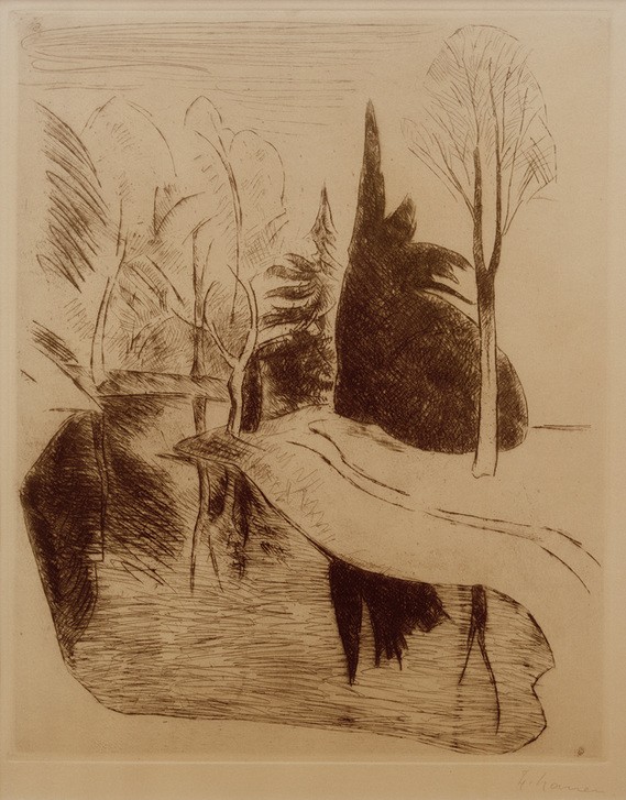 Heinrich Nauen, Park in Dilborn, 1914 (Deutsche Kunst,Garten Und Park,Gewässer,Kunst,Landschaft,Park,Schlosspark,See,Spiegelung,Baum,Expressionismus)