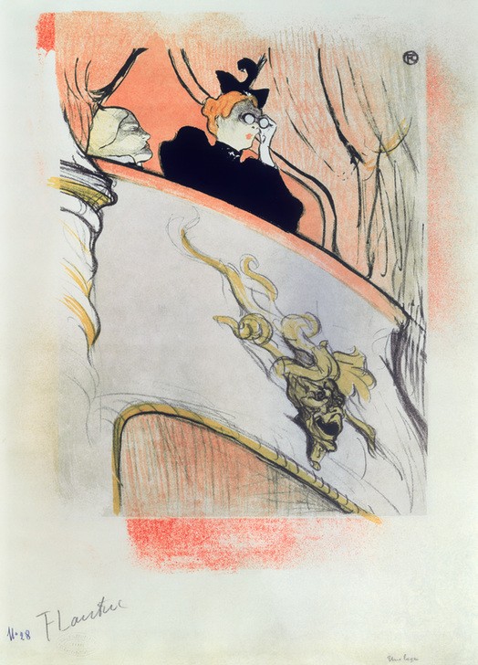 Henri de Toulouse-Lautrec,  Die Loge mit der Goldmaske (Gesellschaftliches Leben,Jugendstil,Kunst,Literatur,Optik,Freizeit,Theater,Programm,Portrait,Opernglas,Französische Kunst,Publikum,Paar,Ausgehen,Belle Epoque,Fin De Siecle,Zuschauen,Zuschauer,Monogramm)