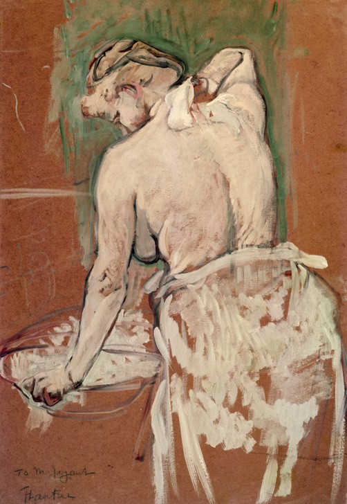 Henri de Toulouse-Lautrec, Sich waschende Frau (Körperpflege,Frau,Jugendstil,Kunst,Toilette (Körperpflege),Rückenakt,Französische Kunst,Halbakt,Frauenleben,Jahrhundertwende,Intimsphäre)