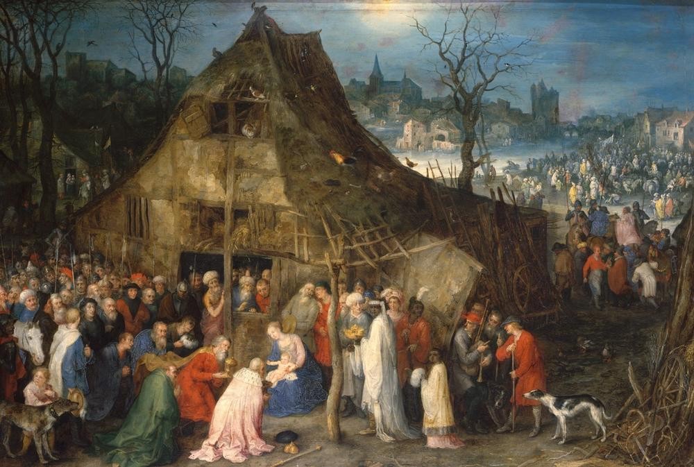 Jan Brueghel der Ältere, Die Anbetung der Könige (Arm Und Reich,Christentum,Kult,Religion,Hirte,Renaissance,Hund,Maria Mit Kind,Neues Testament,Bibel,Anbetung Der Könige,Manierismus,Heilige Drei Könige (Neues Testament),Niederländische Kunst,Tier,Baufälligkeit,Kindheit Jesu,Schwarzer,Schäfer)