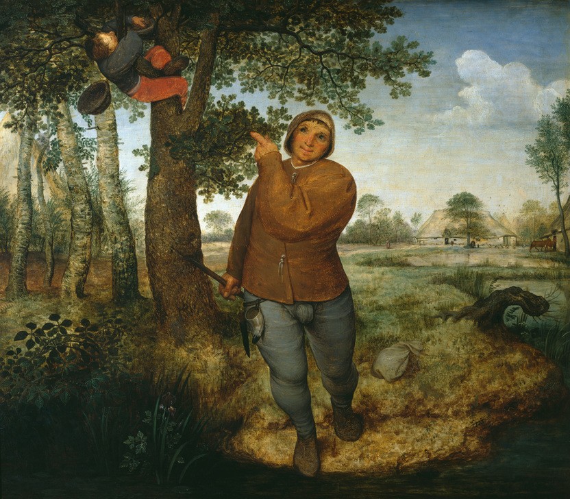 Pieter Brueghel der Ältere, Der Vogeldieb (Bauer (Landwirt),Diebstahl,Herrenmode,Jagd,Klettern,Landschaft,Mann,Mode,Sprichwort,Volkskunde,Wilderer,Trinkhorn,Renaissance,Birke,Baum,Bäuerin,Vogelnest,Niederländische Kunst,Dieb,Vogeldieb,Hose,Kapuze,Tierquälerei,Nest,Jacke,Naturschutz,Hosenlatz,Nestr)