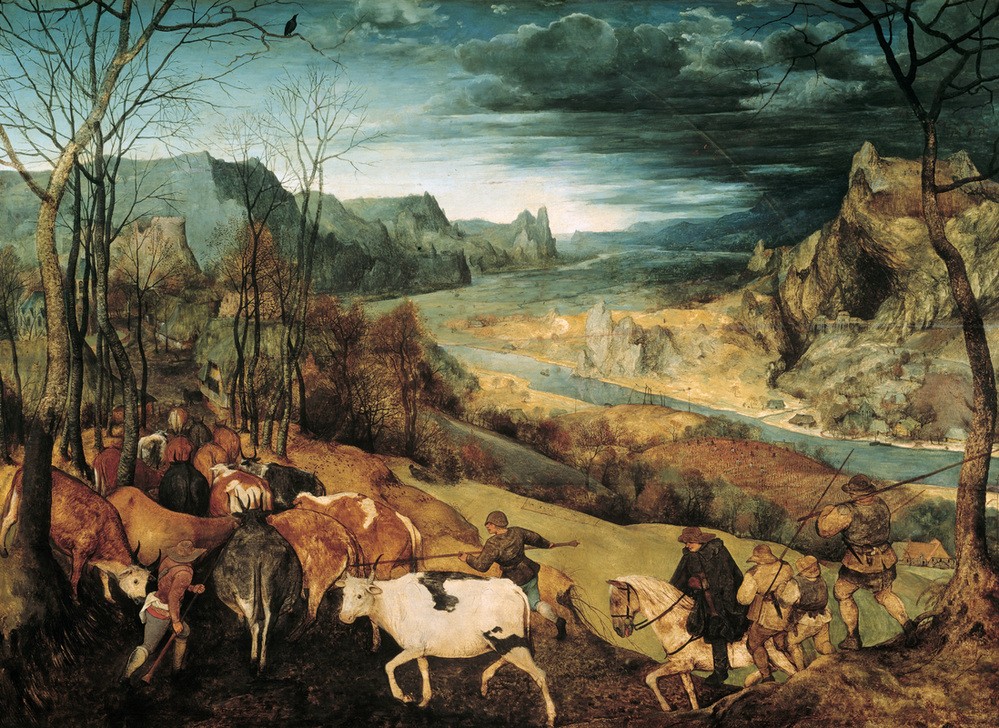 Pieter Brueghel der Ältere, Die Heimkehr der Herde (Jahr Und Kalender,Jahreszeiten,Landschaft,Maler (Künstler),Monat,November,Oktober,Rinderzucht,Rind,Volkskunde,Renaissance,Fluss,Weltlandschaft,Tal,Heimkehr,Viehtrieb,Niederländische Kunst,Land Und Leute,Viehzucht)