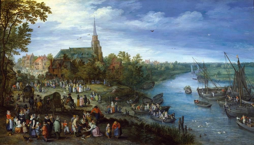 Jan Brueghel der Ältere, Dorf am Fluss (Architektur,Boot,Dorfkirche,Dorfstrasse,Dorf,Feste,Flämische Kunst,Handel,Jahrmarkt,Kirche,Landschaft,Markt,Mutter Und Kind,Schiff,Szene,Tanz,Volkskunde,Wasser,Stillen,Barock,Fluss,Bürgertum,Niederländische Kunst,Personentransport,Binnenschiffahrt,Ufer,La)