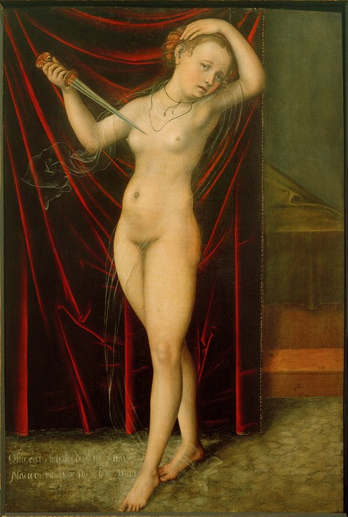 Lucas Cranach der Ältere, Selbstmord der Lucretia (Deutsche Kunst,Dolch,Frau,Geschichte,Sage,Kunst,Mythologie,Selbstmord,Tod,Waffe,Renaissance,Schleier,Akt,Tugend,Heldin,Portrait,Vergewaltigung,Donauschule,Keuschheit,Vorhang,Nacktheit,Sexualität,Verzweiflung,Römisches Reich,Mimik,Junge Frau,Gefühl (Stimmu)