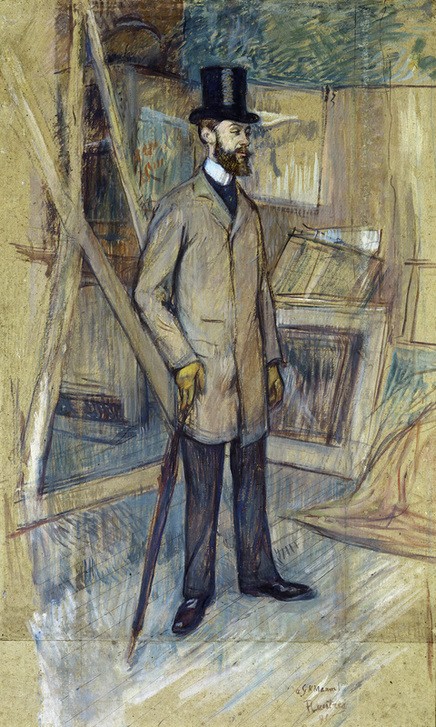 Henri de Toulouse-Lautrec, Georges-Henri Manuel im Atelier (Atelier,Besuch,Herrenhut,Herrenmode,Kunst,Mann,Mode,Zylinder (Hut),Bart,Bild Im Bild,Portrait,Französische Kunst,Vollbart,Fin De Siecle,Atelierbesuch,Spazierstock,Ganzfigurig)