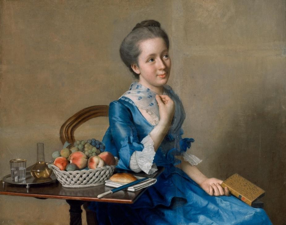 Jean-Étienne Liotard, Suzanne Necker (Frau,Kunst,Obst,Schriftstellerin,Wasser,Halstuch,Ehefrau Von Berühmten,Portrait,Lesen (Allgemein),Obstschale,Schweizerische Kunst,Karaffe,Leserin,Sitzen,Wasserglas,Person)