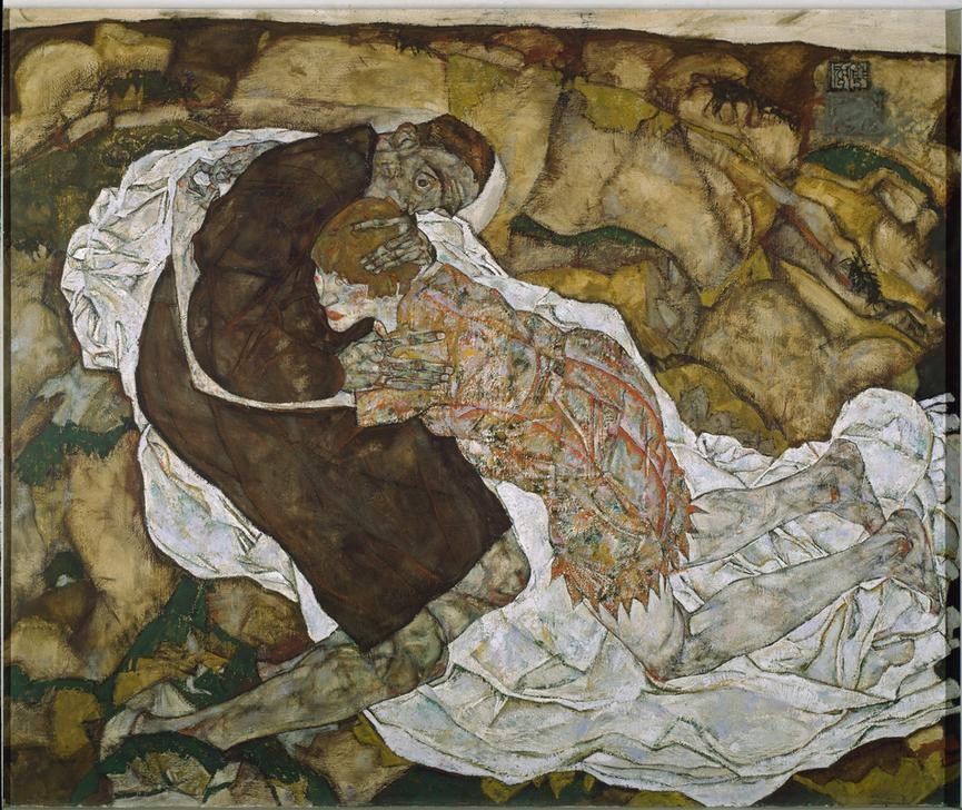 Egon Schiele, Der Tod und das Mädchen (Jugendstil,Liebespaar,Mädchen,Tod,Totentanz,Expressionismus,Umarmung,Österreichische Kunst,Paar)