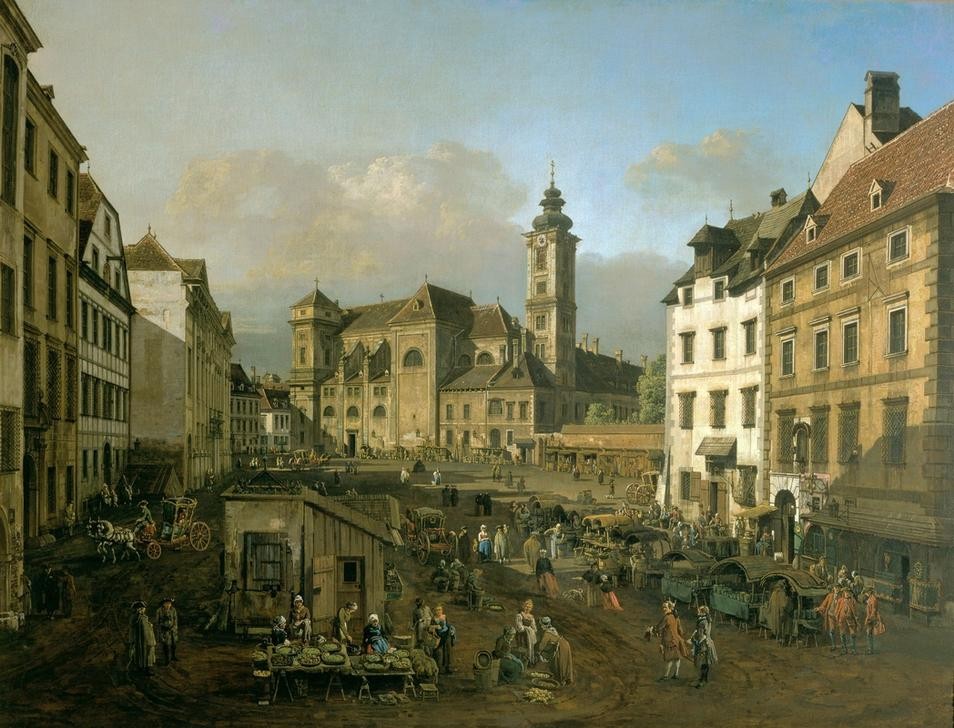 Bernardo Bellotto, Die Freyung in Wien, Ansicht von Südosten (Architektur, Markt, Gebäude, Alltagsszene, Stadt, Platz, Stadtansicht,  Hauptstadt, historisch, Rokoko, Malerei, Wohnzimmer, Wunschgröße, Klassiker, bunt)