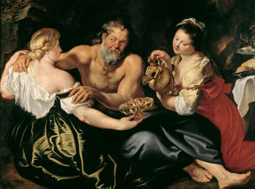 Peter Paul Rubens, Lot und seine Töchter (Essen Und Trinken,Flämische Kunst,Kanne,Wein,Barock,Altes Testament,Alkoholismus,Bibel,Betrunken,Schale (Gefäss),Vater Und Tochter,Niederländische Kunst,Lot Und Seine Töchter,Inzest,Einschenken,Prunkgeschirr)