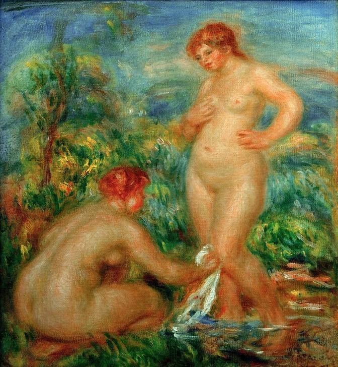 Pierre-Auguste Renoir, Zwei Badende (Körperpflege,Bad Im Freien,Bad,Frau,Maler (Künstler),Impressionismus,Akt,Französische Kunst,Handtuch,Frauenleben,Abtrocknen)