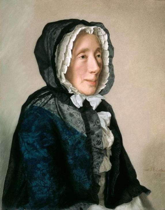 Jean-Étienne Liotard, Bildnis der Madame Jean Tronchin, geborene Anne de Molèsmes (Damenmode,Frau,Kunst,Mode,Rokoko,Portrait,Bürgertum,Haube,Schweizerische Kunst,Kapuze,Brustbild,Person)