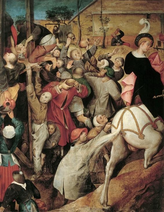 Pieter Brueghel der Ältere, Das Fest des hl. Martin (Armut,Christentum,Feste,Sage,Kalenderfeste,Maler (Künstler),Pferd (Tier),Religion,Ritter,Volkskunde,Wohltätigkeit,Martinstag,Reiter,Renaissance,Trinken,Fragment,Niederländische Kunst,Bettler,Kleidung (Allgemein),Lumpen,Tier,Landbevölkerung,Reiten,Heiliger)
