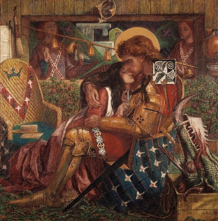 Dante Gabriel Rossetti, Die Hochzeit des Hl. Georg mit der Prinzessin Sabra (Glockenspiel,Hochzeit,Liebespaar,Ritter,Prinzessin,Präraffaeliten,Heiligenlegende,Umarmung,Englische Kunst,Viktorianische Kunst,Haare Schneiden,Heiliger,Locke,Drachenkopf (Drachen))