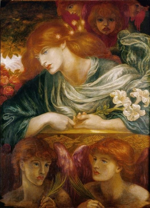 Dante Gabriel Rossetti, The Blessed Damozel (Engel,Frau,Lilie,Unschuld,Schönheit,Allegorie,Portrait,Melancholie,Präraffaeliten,Frauenbild,Englische Kunst,Rote Haare,Viktorianische Kunst,Jungfräulichkeit,Symbolik,Sinnlichkeit)