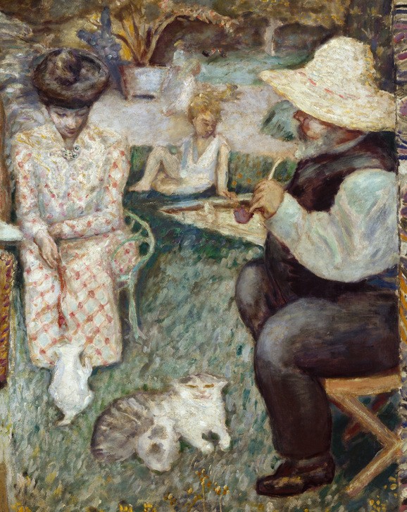 Pierre Bonnard, “L’après-midi bourgeoise” / “La famille Terrasse” (Familie,Grossmutter,Gruppenbild,Jahreszeiten,Katze (Tier),Kind,Kunst,Bank (Sitzgelegenheit),Terrasse,Vater,Tageszeiten,Nachmittag,Impressionismus,Pfeife (Tabak),Hund,Tisch,Gartenmöbel,Strohhut,Mutter,Siesta,Bürgertum,Enkelkind,Flasche,Französische Kunst,G)