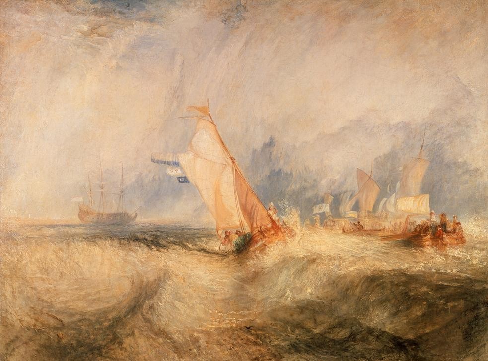 JOSEPH MALLORD WILLIAM TURNER, Admiral van Tromp kreuzt gegen den Wind (Elemente,Meteorologie,Segelschiff,Wasser,Meer,Wind,Englische Kunst,Abenteuer,Unwetter,Welle,Kampf Mit Den Elementen,Romantik,Schlechtes Wetter,Sturm,Schifffahrt)