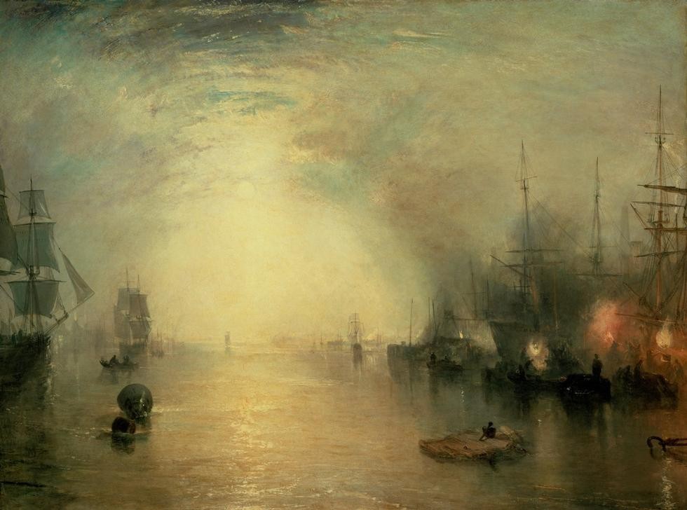 JOSEPH MALLORD WILLIAM TURNER, Keelmen Heaving in Coals by Moonlight (Hafen,Mond,Tageszeiten,Nacht,Segelboot,Hafenarbeiter,Englische Kunst,Romantik,Mondschein)