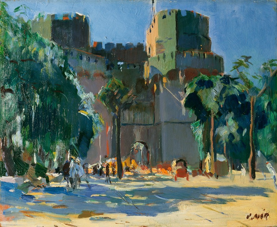 JoaquÍn Mir y Trinxet, Torres Serranos, Valencia (Architektur,Kunst,Mensch,Palme,Stadt,Stadttor,Tor,Turm,Sonne,Schatten,Baum,Ansicht,Topographie,Gebäude,Comunidad Valenciana,Westeuropäische Kunst,Signatur)