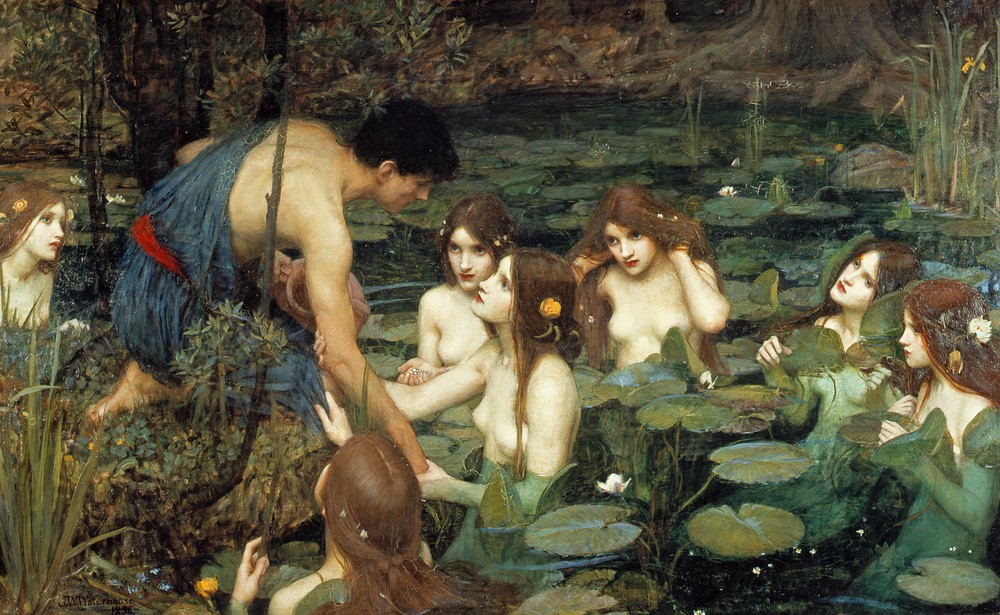 John William Waterhouse, Hylas und die Nymphen (Botanik,Erotik,Mythologie,Wasserpflanze,Nymphe,Hahn Im Korb,Präraffaeliten,Frauenbild,Seerose,Englische Kunst,Jahrhundertwende,Griechisch-Römische Mythologie)