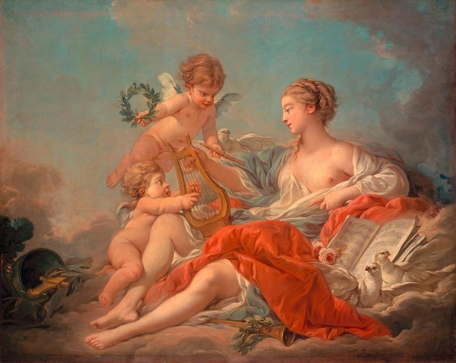 Francois Boucher, Allegorie der Musik (Blockflöte,Erotik,Musik,Noten,Taube,Instrument,Busen,Rokoko,Allegorie,Lorbeerkranz,Französische Kunst,Barfuss,Amorette,Beine,Personifizierung,Flöte,Lyra,Symbolik)