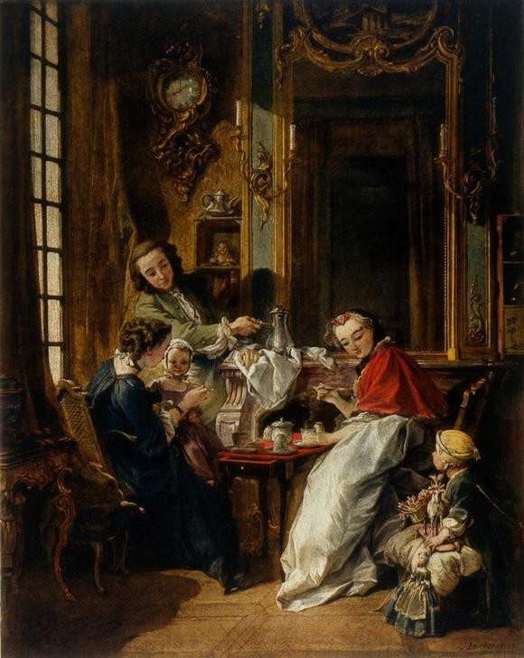 Francois Boucher, Le Petit Déjeuner (Eltern Mit Kind,Essgeschirr,Essen Und Trinken,Familie,Kaffee,Kind,Mode,Möbel,Puppe (Gegenstand),Spielzeug,Tafelsitten,Uhr,Wohnung,Tageszeiten,Morgen,Rokoko,Tisch,Frühstück,Kleinkind,Bürgertum,Französische Kunst,Fütterung,Wandleuchter,Parkett (Fussboden),F)