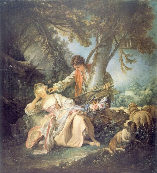 Francois Boucher, Der gestörte Schlaf (Landschaft, Liebespaar, Mädchen, junger Mann, Mode,  Schafe, Wald, Hunde, Pastorale, Idylle, Rokoko, Klassiker, Wunschgröße, Wohnzimmer, Malerei, bunt)