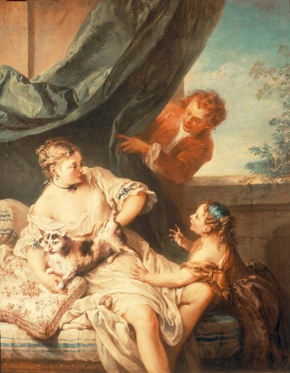 Francois Boucher, Der unerwartete Besucher (Erotik, june Frau, Katze, Kind,  Überraschung, Störenfried,  Schreck, Rokoko, Klassiker, Wunschgröße, Wohnzimmer, Malerei, bunt)