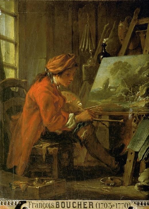 Francois Boucher, Der Maler in seiner Werkstatt (Atelier, Künstler, Maler, Landschaftsmaler, Staffelei, Selbstbildnis, Bild Im Bild, Portrait, Palette, Interieur,Rokoko, Klassiker, Wunschgröße, Wohnzimmer, Malerei, bunt)