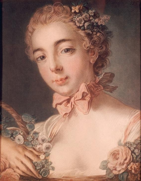 Francois Boucher, Kopf der Flora (Frau, Portrait, Mythologie, Blumen, Frühling, Dekollete, Allegorie, Halsband, Götter, Rokoko, Klassiker, Wunschgröße, Wohnzimmer, Malerei, bunt)