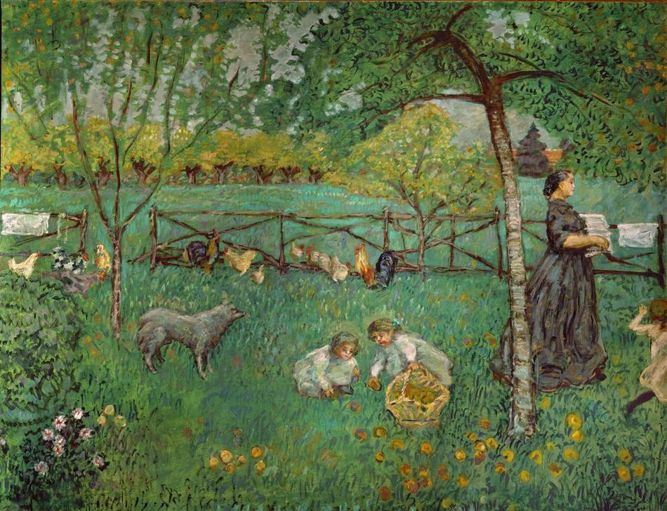 Pierre Bonnard, Le grand jardin au Clos (Ausflug,Huhn,Landschaft,Park,Freizeit,Urlaub,Impressionismus,Baum,Wiese,Französische Kunst,Landleben,Kinderleben,Tier,Nabis,Blume,Jahrhundertwende,Garten)