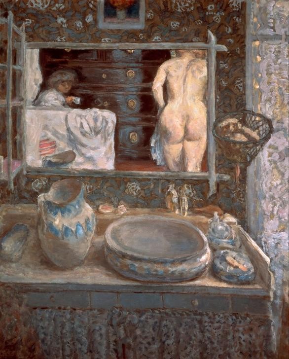 Pierre Bonnard, Der Spiegel (Körperpflege,Frau,Morgentoilette,Optik,Schlafzimmer,Spiegel,Wohnung,Impressionismus,Akt,Waschgeschirr,Rückenakt,Französische Kunst,Nacktheit,Waschkommode,Jahrhundertwende)