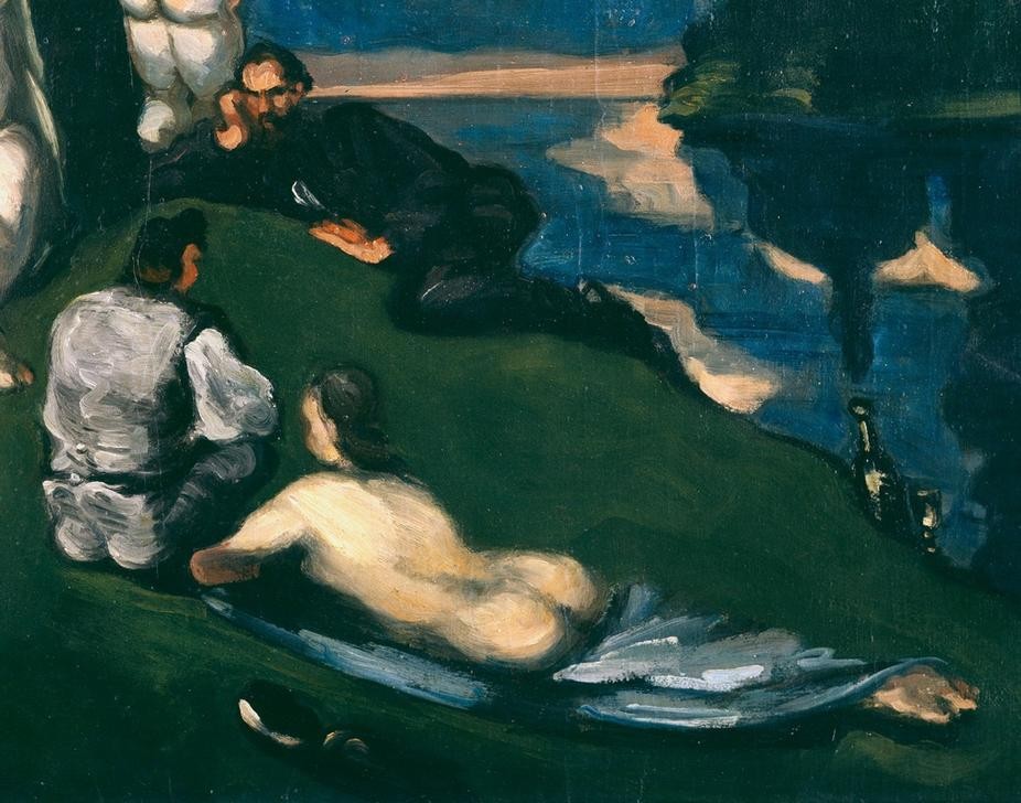 Paul Cézanne, Pastorale (Ausflug,Körperpflege,Bad Im Freien,Bad,Frau,Gruppenbild,Landschaft,Mädchen,Mann,Picknick,Rast,Freizeit,Schiff,Schwimmen,Sport,Wasser,Wein,Impressionismus,Segelboot,See,Akt,Portrait,Französische Kunst,Idylle,Leben,Kopf,Ausschnitt,Vier Elemente)