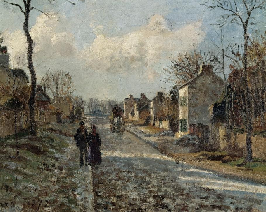 Camille Pissarro, La route de Louveciennes (Architektur,Dorfstrasse,Dorf,Kunst,Landschaft,Strasse (Allgemein),Impressionismus,Baum,Architekturdarstellung,Schule Von Barbizon,Französische Kunst,Fussgänger,Ausschnitt)