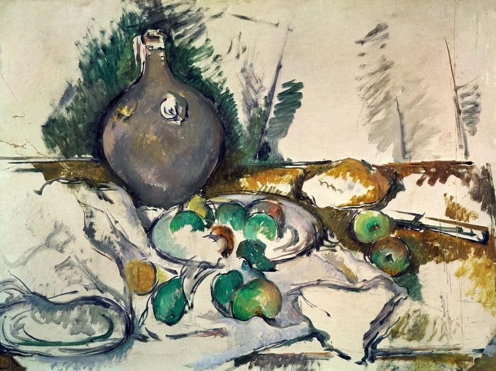Paul Cézanne, Nature morte à la cruche (Obst,Stillleben,Flasche,Französische Kunst,Wasserflasche,Obstteller)