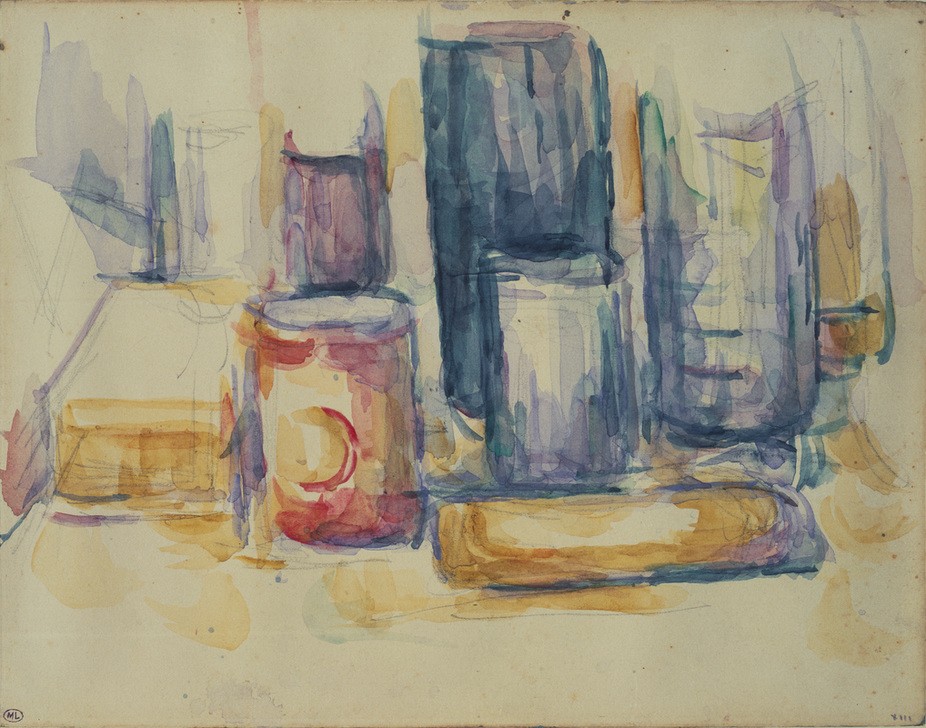 Paul Cézanne, Table de cuisine: pots et bouteilles (Impressionismus,Stillleben,Flasche,Französische Kunst,Topf,Jahrhundertwende,Küchenstillleben)