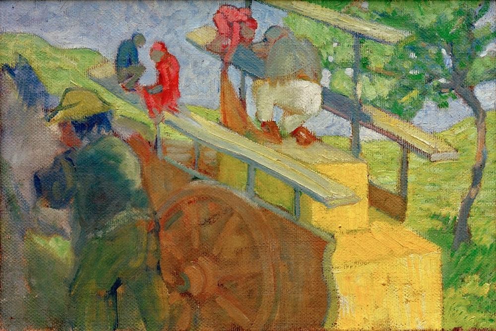 Franz Marc, Äffchen auf einem Karren (Affe,Deutsche Kunst,Fahrendes Volk,Gesellschaft,Kunst,Mann,Schausteller,Wagen,Expressionismus,Der Blaue Reiter,Karren,Tier,Unvollendet,Mensch Und Tier)