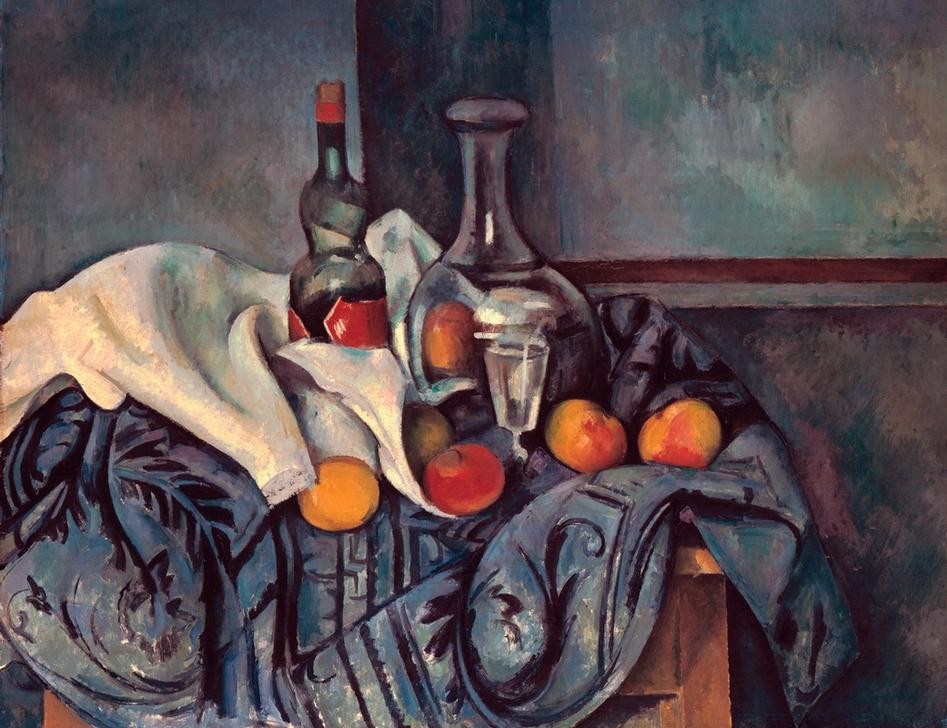 Paul Cézanne, La bouteille de peppermint (Alkohol,Essen Und Trinken,Likör,Obst,Pfefferminze,Textil,Impressionismus,Stillleben,Tischtuch,Flasche,Französische Kunst,Karaffe,Jahrhundertwende,Wasserflasche,Faltenwurf,Pfefferminzlikör,Likörglas,Likörflasche)