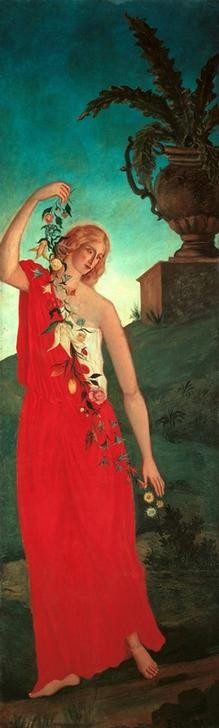 Paul Cézanne, Der Frühling (Frau,Jahreszeiten,Mythologie,Frühling,Allegorie,Französische Kunst,Girlande,Barfuss,Vier Jahreszeiten,Blonde Haare,Blume,Schulterfrei,Rot,Gewand,Personifizierung,Griechisch-Römische Mythologie)