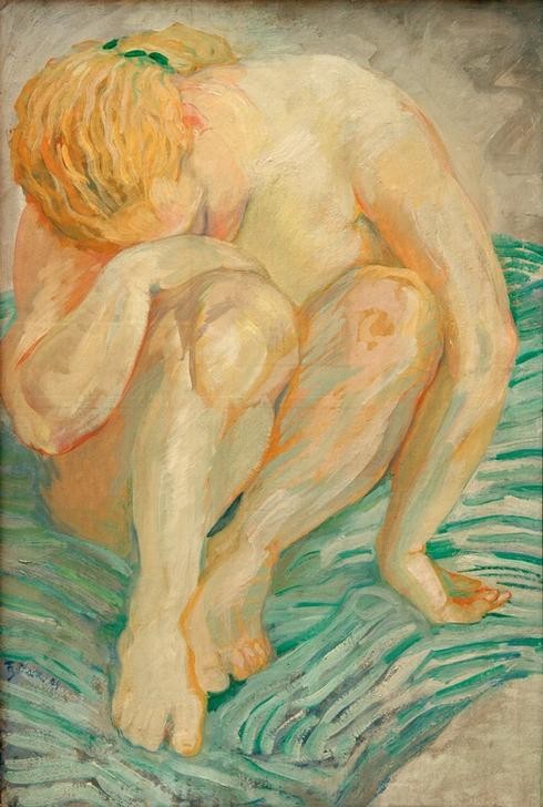 Franz Marc, Aktstudie (Weiblicher Akt) (Ehefrau,Deutsche Kunst,Frau,Kunst,Maler (Künstler),Akt,Ehefrau Von Berühmten,Portrait,Expressionismus,Der Blaue Reiter,Studie,Müdigkeit,Blonde Haare,Sitzen,Kopf Stützen,Ganzfigurig,Körperhaltung,Person)