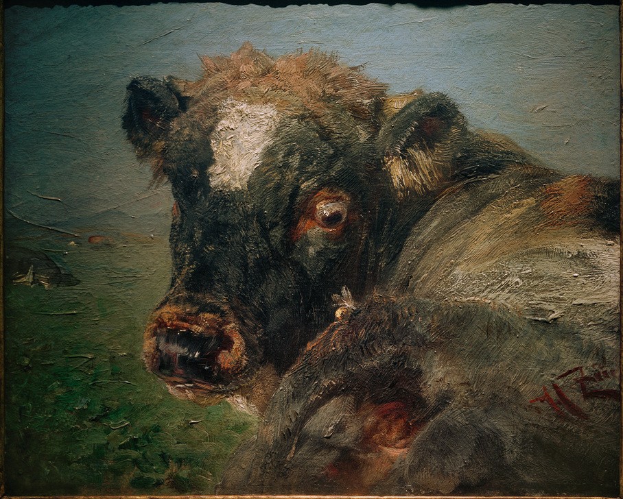 Heinrich von Zügel, Der Wespenstich (Biologie,Deutsche Kunst,Kunst,Rind,Sezession,Zoologie,Impressionismus,Insekt,Insektenstich,Schmerz,Tierleben,Tier,Gefühl (Stimmung),Säugetier,Wespe,Münchner Sezession,Schreck,Blick (Allgemein),Negative Stimmungen Und Gefühle)