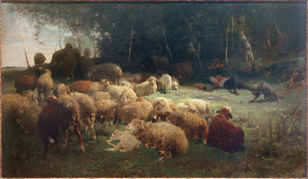 Heinrich von Zügel, Hütebub mit Schafen (Biologie,Deutsche Kunst,Kind,Kunst,Landschaft,Mensch,Rast,Schafzucht,Sezession,Zoologie,Tageszeiten,Wald,Mittag,Impressionismus,Hirte,Hund,Schaf,Tierleben,Knabe,Lichtung,Landleben,Hirtenknabe,Ausruhen,Hirtenhund,Tier,Schafherde,Herde,Münchner Sezession,Me)