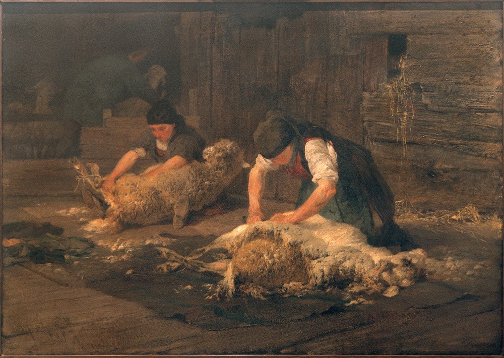 Heinrich von Zügel, Die Schafschur, 1871 (Arbeit,Biologie,Deutsche Kunst,Frau,Kunst,Mensch,Schafzucht,Sezession,Zoologie,Realismus,Wolle,Bäuerin,Schaf,Schafschur,Genre,Fell,Tierleben,Landleben,Frau Und Tier,Frauenleben,Tier,Frauenarbeit,Landbevölkerung,Münchner Sezession,Scheren,Mensch Und Tier,L)