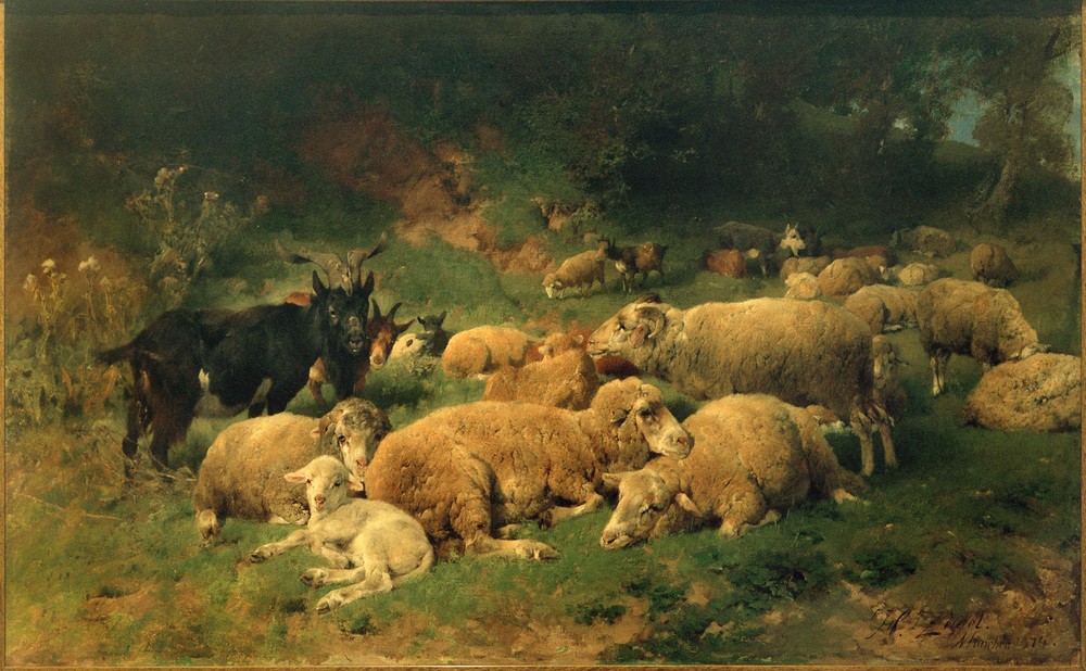 Heinrich von Zügel, Ruhende Schafe am Waldrand (Biologie,Deutsche Kunst,Kunst,Landschaft,Rast,Schafzucht,Sezession,Zoologie,Wald,Ziege,Realismus,Schaf,Tierleben,Lamm,Ausruhen,Tier,Schafherde,Herde,Jungtier,Münchner Sezession,Ziegenbock,Landwirtschaft,Viehzucht,Signatur,Geisslein)