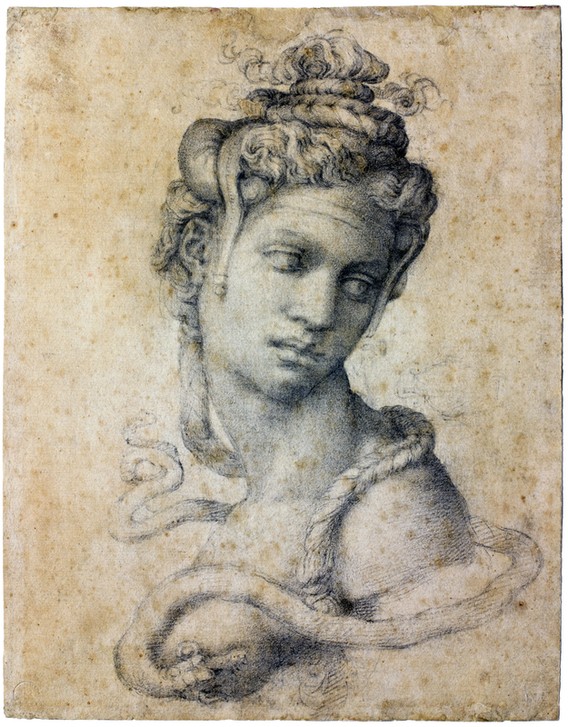 MICHELANGELO BUONARROTI, Cleopatra VII (Cleopatra, Pharaonin, Ägypterin, Persönlichkeiten, Portrait, historisch, Schlange, Suizid, Flechtfrisur, Drama,Skizze, Zeichnung, Klassiker, Renaissance, Wunschgröße, schwarz/weiß)